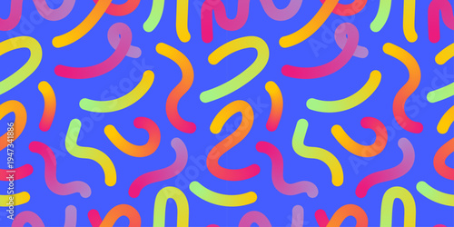Seamless squiggles pattern with neon gradient wavy strokes on bright blue background. Retro Memphis 80s 90s vibe for wallpaper, fabric, wrapping paper, packaging, web banners. Modern surface print.