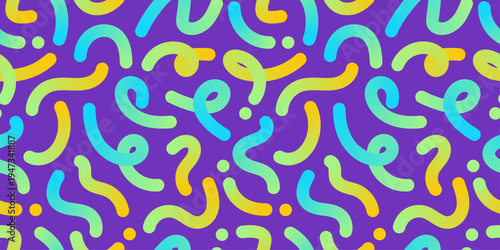 Seamless squiggles pattern with neon gradient wavy strokes on deep purple background. Retro Memphis 80s 90s vibe for wallpaper, fabric, wrapping paper, packaging, banners. Modern surface print