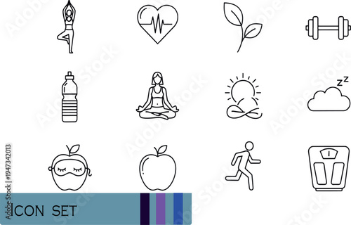 Print Minimalist Health and Fitness Line Icon Set Featuring Exercise Routines Nutrition Wellness and Medical Care Symbols