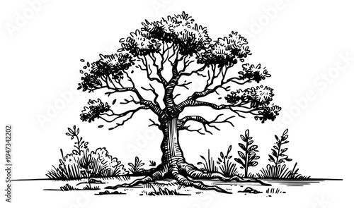 Large Old Oak Tree with Deep Roots and Lush Foliage, Hand Drawn Ink Sketch Vector Illustration for Nature and Environment Projects