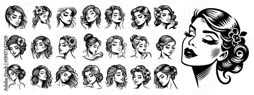 Set of Beautiful Woman Portraits and Hairstyles, Vintage Hand Drawn Fashion Girl Face Icons for Beauty and Hair Salon Vector Illustration