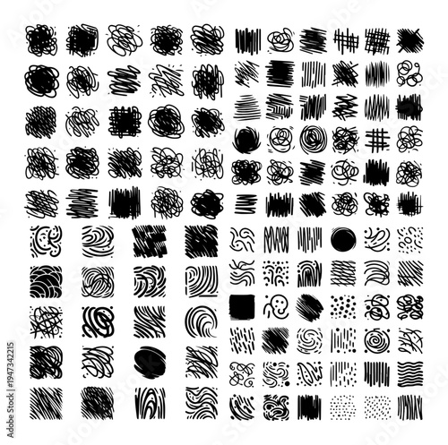 Large Set of Hand Drawn Abstract Textures and Scribbles, Ink Hatching and Organic Shape Patterns for Background and Design Vector Illustration