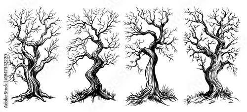 Set of Gnarled Dead Trees Without Leaves, Hand Drawn Ink Sketch of Twisted Bare Branches for Spooky or Winter Vector Illustration