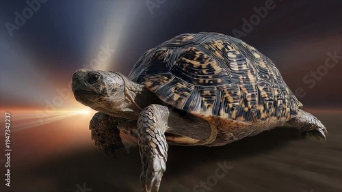 A detailed image of a tortoise with a patterned shell and a blurred background