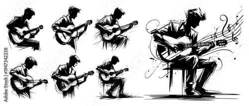 Set of Guitar Player Sketches and Silhouettes, Hand Drawn Acoustic Musician Poses with Musical Notes Vector Illustration