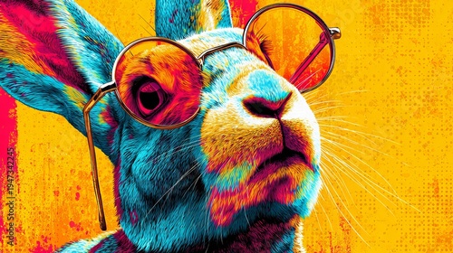 A colorful illustration of a rabbit wearing sunglasses against a vibrant yellow background