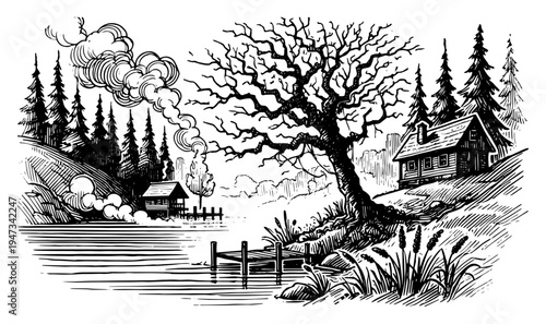 Lakeside Cottage in Pine Forest with Large Tree and Pier, Hand Drawn Rural Landscape Scene with Cabin Vector Illustration