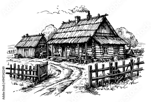 Traditional Wooden Farmhouse with Fence and Dirt Path, Vintage Rural Village House Hand Drawn Ink Sketch Vector Illustration