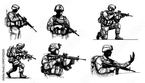 Modern Military Soldiers Silhouette Set with Tactical Gear and Rifles, Hand Drawn Armed Forces Infantry Sketches Vector Illustration