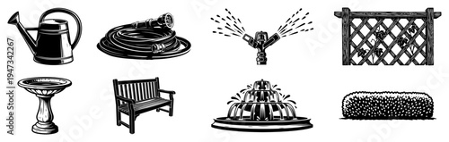 Set of Garden Accessories and Backyard Equipment Icons, Hand Drawn Ink Style Yard Decoration Elements Vector Illustration