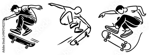 Skateboarder Action Poses and Jumping Tricks Silhouette Set, Urban Extreme Sport Skateboard Character Sketches Vector Illustration