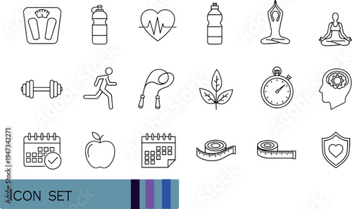 Print Hand-Drawn Fitness and Holistic Wellness Icon Set Featuring Cardio Exercise Yoga Poses Mental Health Nutrition and Healthy Lifestyle Symbols