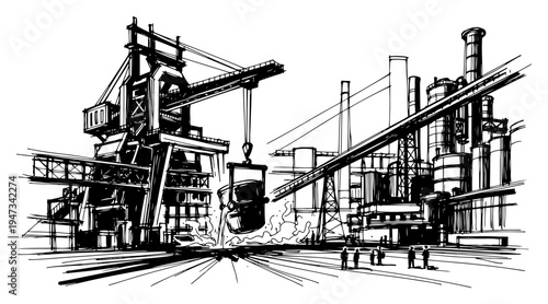 Heavy Industrial Steel Mill and Factory Landscape with Crane, Hand Drawn Manufacturing Plant and Power Station Ink Sketch Vector Illustration
