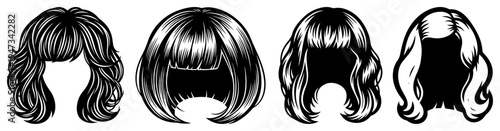 Set of Women's Hairstyles and Wigs Icons, Hand Drawn Fashion Hair Salon Beauty and Haircut Models Vector Illustration