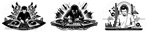 Professional DJ Performing at Turntables Set, Hand Drawn Club Music Producer and Nightlife Party Scenes Vector Illustration