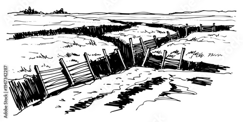 Rural Countryside Landscape with Wooden Fence and Open Fields, Hand Drawn Ink Sketch of Farm Scenery Vector Illustration