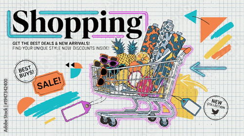 Vibrant shopping cart overflowing with colorful fruits discount tags and arrows on a light background