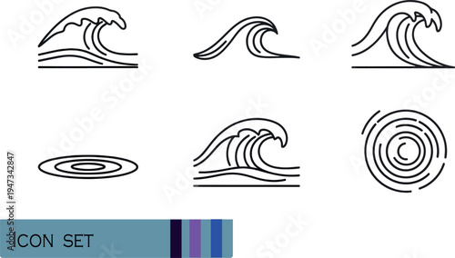 Print Minimalist Ocean Waves and Water Ripple Icon Set Featuring Zen Style Surf Tsunami and Liquid Motion Line Art Symbols