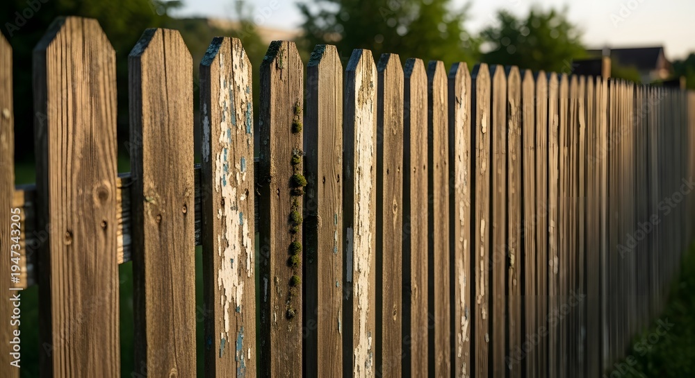 Fototapeta premium Long Weathered Wooden Picket Fence with Peeling Paint and Moss, Lit by Golden Hour Sunlight
