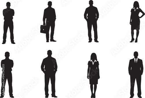 Business people silhouettes set, professional men and women in office attire standing, corporate staff with briefcase, isolated vector illustration, design.