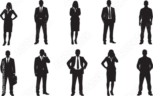 Business people silhouettes set, professional men and women in suits standing, corporate office staff collection, formal work attire, vector illustration.