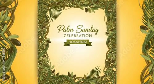 Palm Sunday celebration, Hosanna, green leaves border, yellow background