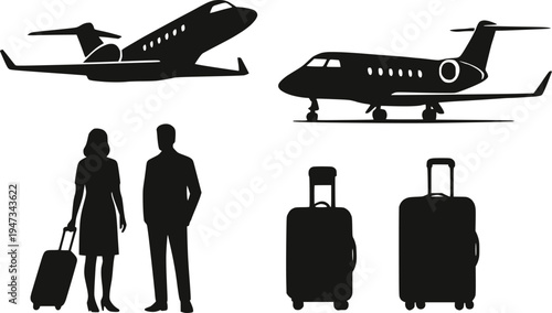 Private jet travel silhouette set vector illustration