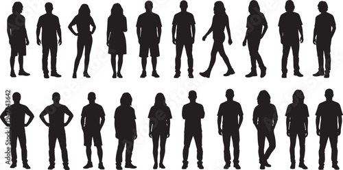 Collection of diverse people silhouettes standing and walking, men and women in casual clothing, group of people vector illustration, isolated.
