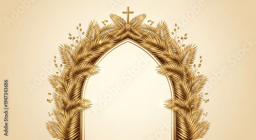 Golden wheat arch with cross on top, symbolizing faith and harvest, on beige background