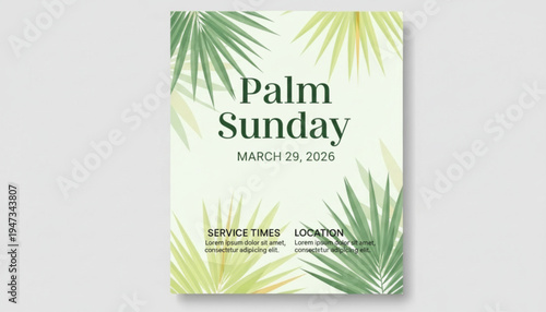 Palm Sunday service announcement with green palm leaves on white background