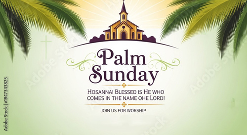 Palm Sunday celebration with church and palm trees, worship invitation