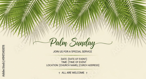 Palm Sunday Invitation Card with Green Palm Leaves on Beige Background