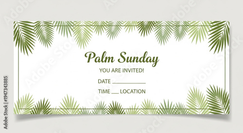 Palm Sunday invitation card with green palm leaves border