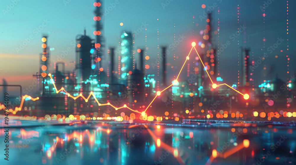 Obraz premium Oil price graph of the energy market showing rising energy shortage crisis the effect from U.S.-Israel war on Iran. with petrochemical refinery towers background.