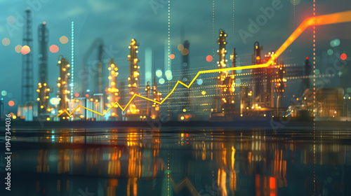 Oil price graph of the energy market showing rising energy shortage crisis the effect from U.S.-Israel war on Iran. with petrochemical refinery towers background.