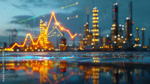 Oil price graph of the energy market showing rising energy shortage crisis the effect from U.S.-Israel war on Iran. with petrochemical refinery towers background.