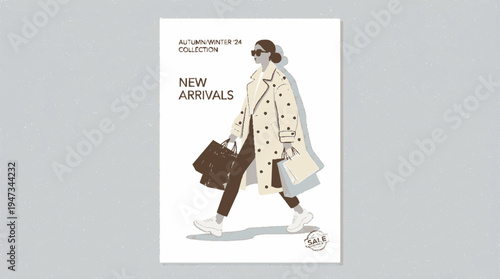 Stylish woman walking in minimalist shopping scene with bags and coat on light background