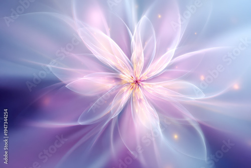 Ethereal translucent flower petals radiate soft pastel light and glowing highlights in a delicate abstract design with dreamy purple and blue hues