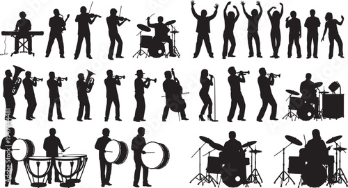 Musicians and band silhouettes playing instruments, orchestra performers, singers, drummers, guitarists, violinists, and trumpeters, live music concert event vector illustration.