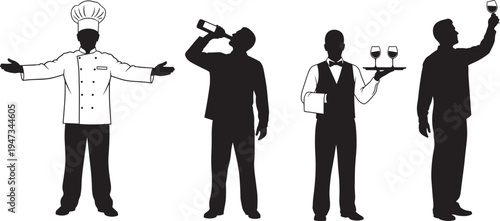Professional chef and waiter silhouettes, restaurant staff set with cook in uniform, server holding wine tray, sommelier tasting wine, vector.