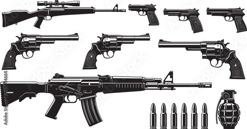 Weapons collection set with assault rifle, sniper, handguns, revolvers, ammunition bullets and grenade, military equipment for defense, isolated vector illustration.
