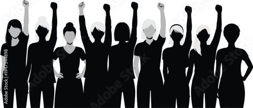 Group of diverse people raising fists in solidarity, vector illustration