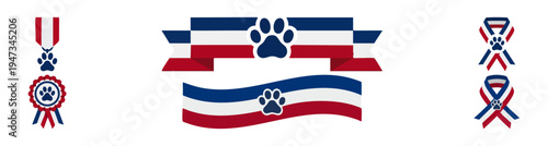 SERVICE RIBBON - Patriotic striped ribbon with a paw print in center  Flat Vector Illustration on Transparent Background
