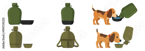 Water Canteen- A military water bottle with a built-in dog bowl at the bottom  Flat Vector Illustration on Transparent Background
