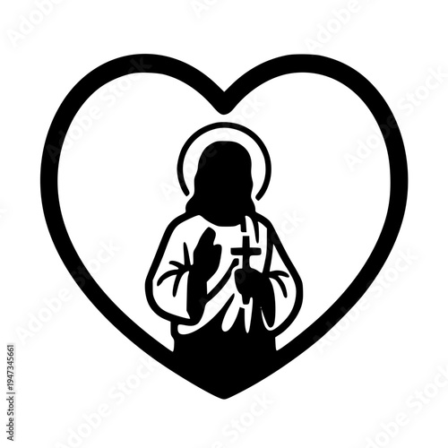 Jesus Christ Silhouette in Heart with Cross and Halo