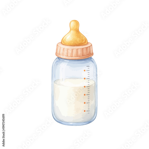 A watercolor illustration of a baby milk bottle for newborn care designs, nursery decor, baby shower themes, and infant feeding illustrations.