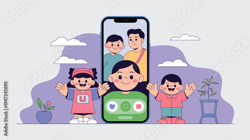 Children waving hello during a call on a smartphone screen, kids' family