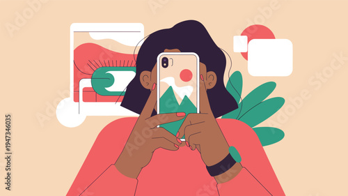 A person holding a smartphone showing a mountain landscape, taking a selfie