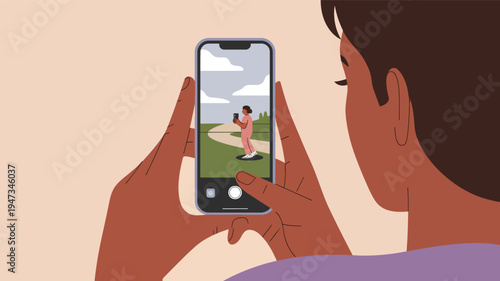 Person holding a smartphone taking a photo of a person in a pink outfit outdoors, camera taking outdoors park