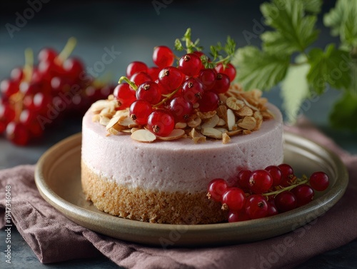 A visually delightful individual dessert features a smooth, creamy light pink top layer over a golden, crumbly biscuit crust. It is exquisitely garnished with a vibrant cluster of fresh red currants a